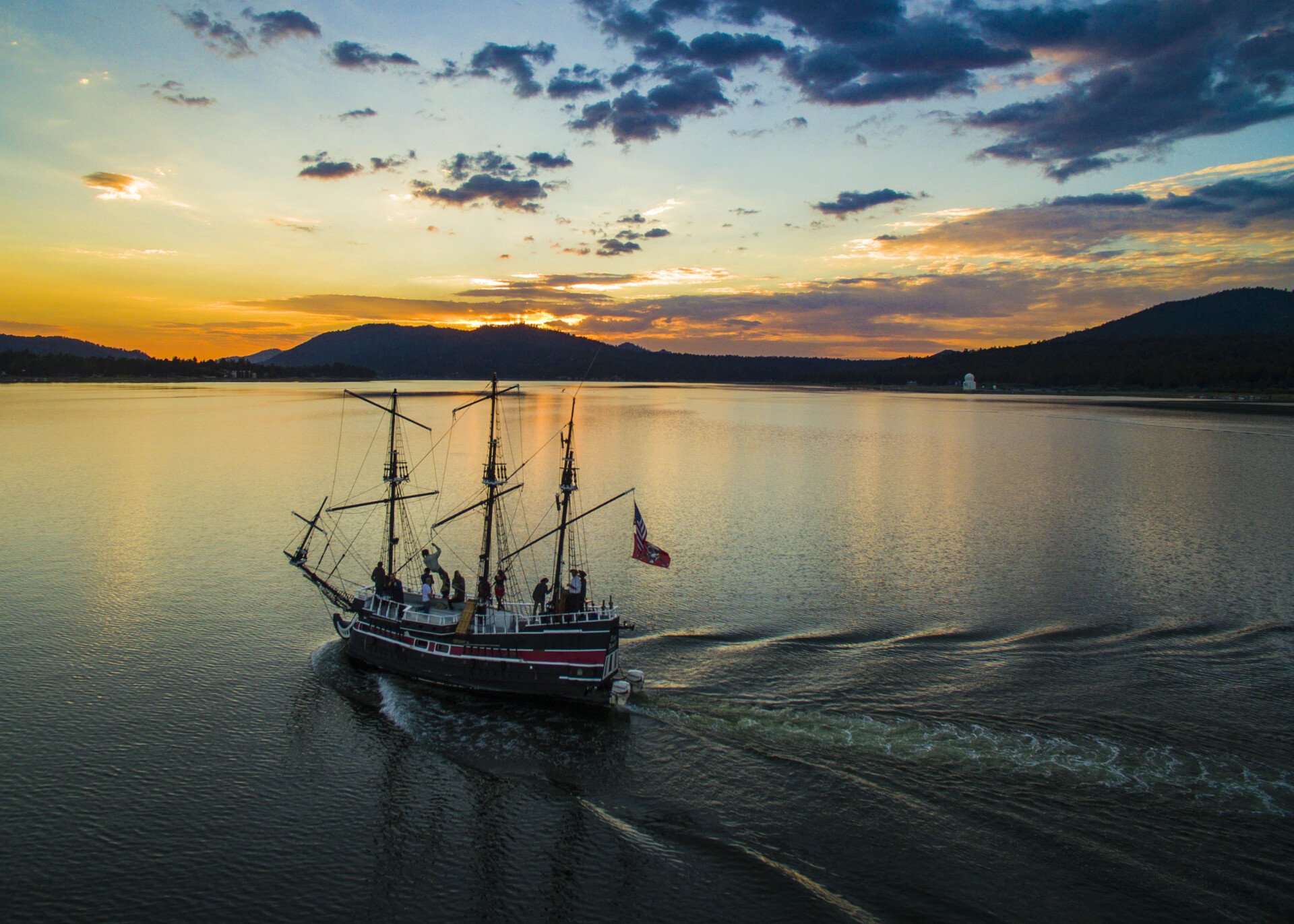 The Pirate Ship under way on Big Bear Lake at sunset